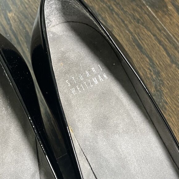 Stuart Weitzman Pumps 8 Narrow Pointed Toe Kitten Heel Black Patent Leather - Picture 11 of 12